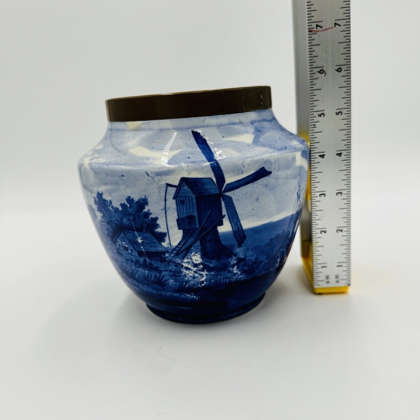 Rare Delft White & Blue Pottery Dutch Bronze Rim Nautical Antique Unmarked 6in H