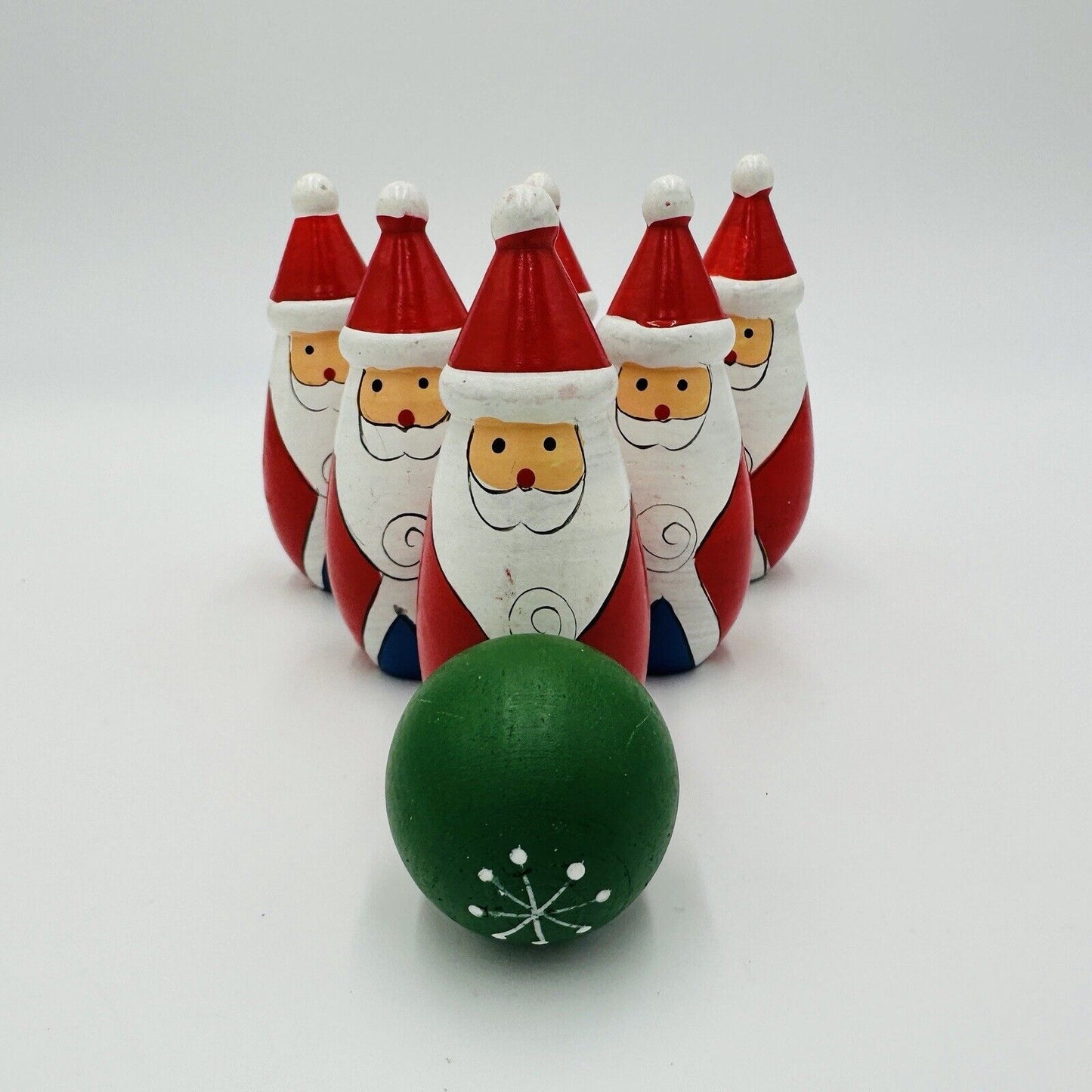 Bowling Pins Ball Santa Claus Wooden Christmas Decor Vintage Hand Painted Set