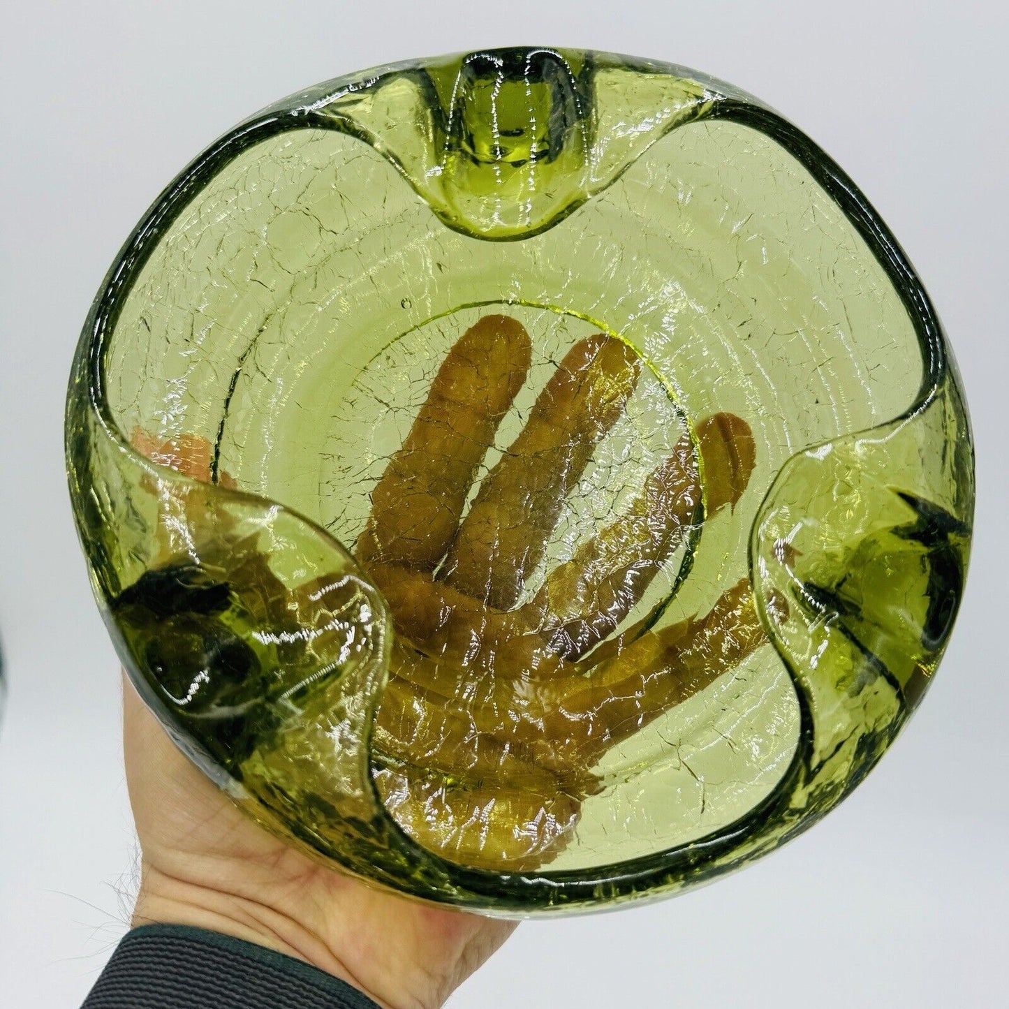 Viking Art Glass Cigar Ashtray Green Crackle MCM Vintage 7”