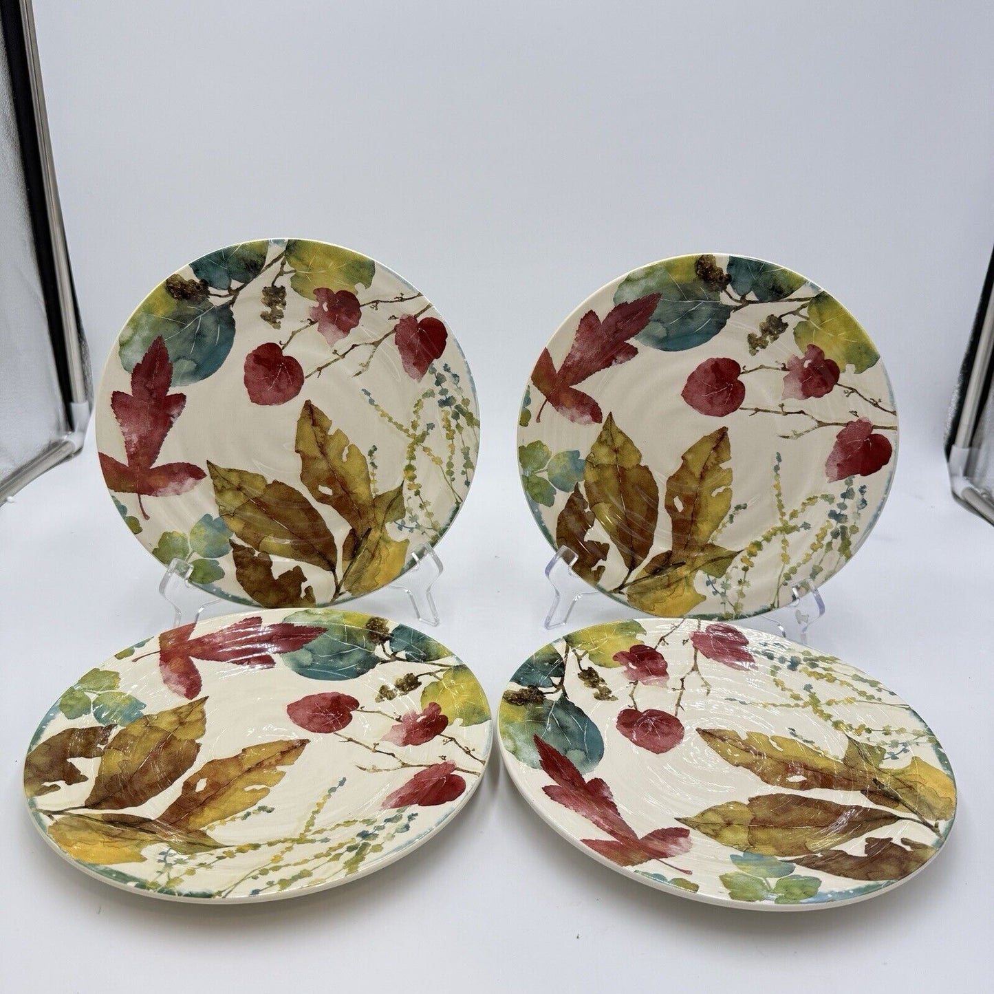 Pier 1 Imports WILLOW Dinner Plates Set 4 11” Fall Leaves Ironstone Ceramic
