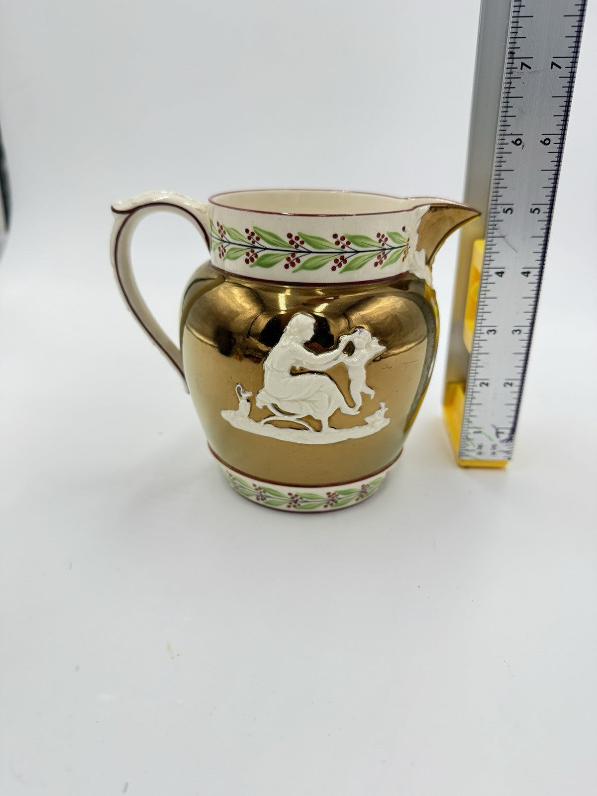 Antique Wedgwood England Queens ware Embossed Copper Luster Jug Mother & Child