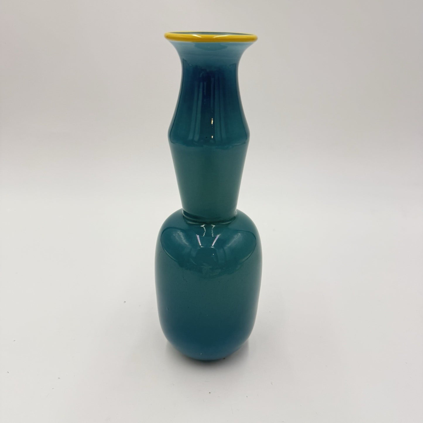 studio PARAN Hand blown Art glass vase aqua color 7.5” Signed Yellow Rim 2002