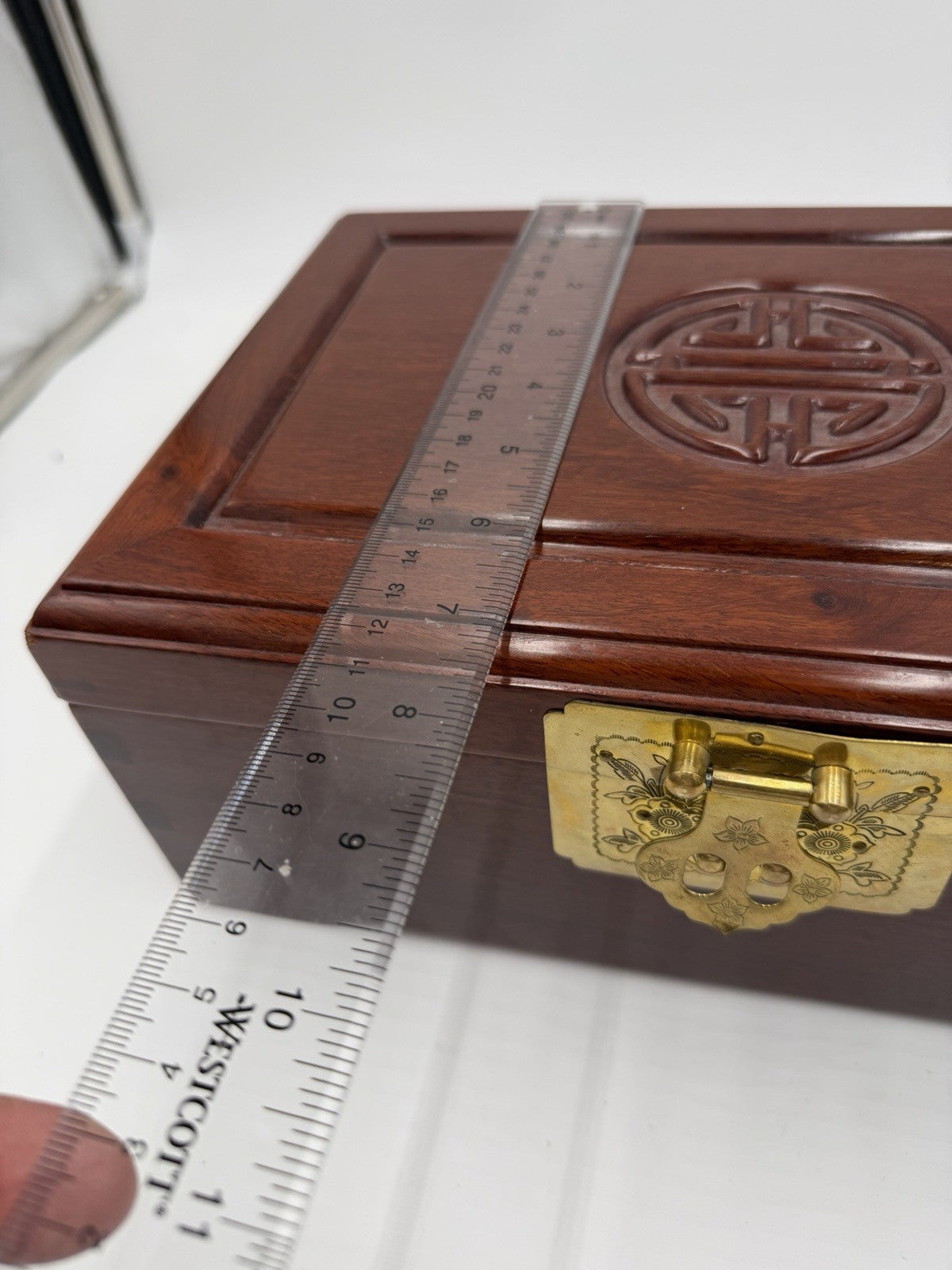 Vintage Chinese Jewelry Carved Rosewood Brass Accents Red Lining Jewelry Box