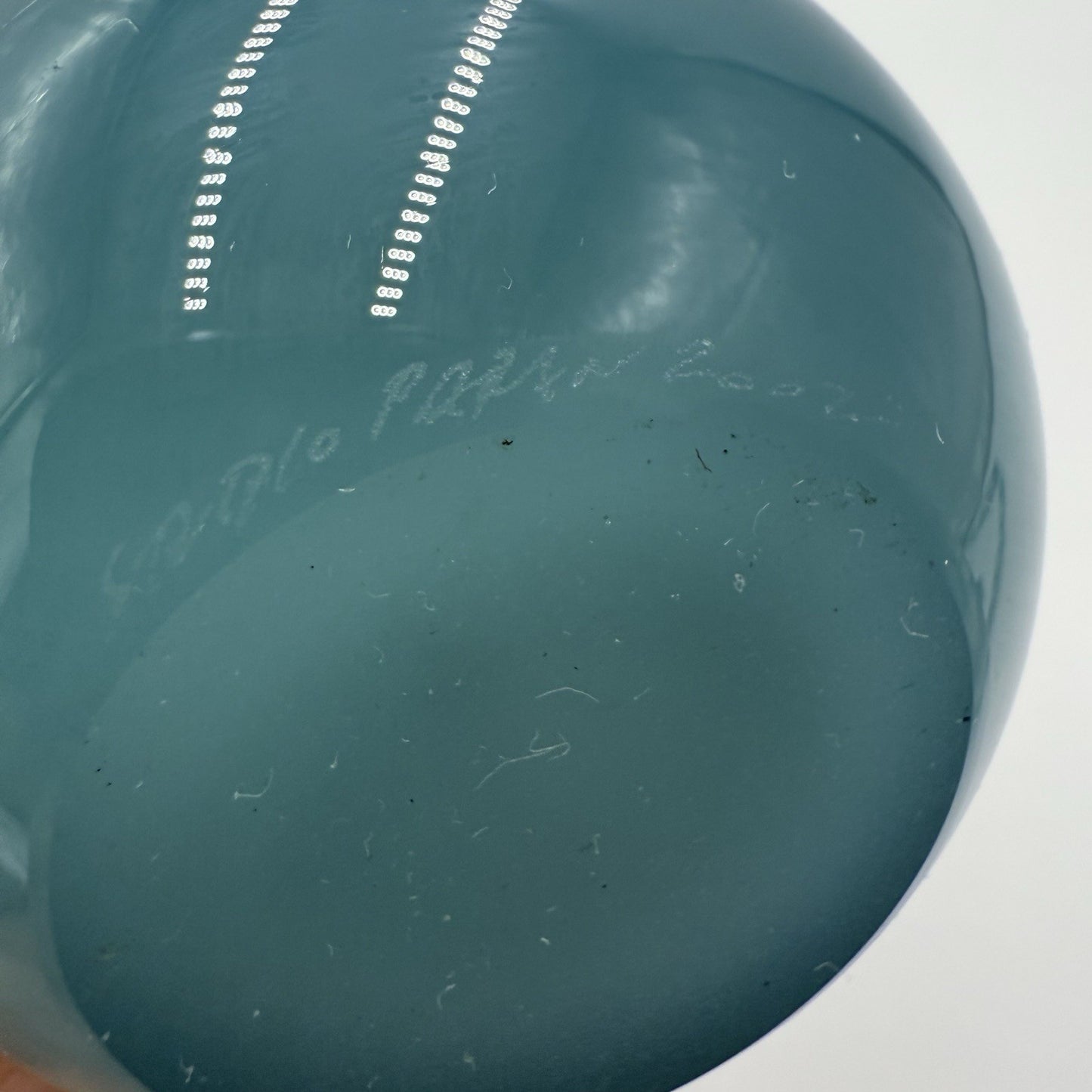 studio PARAN Hand blown Art glass vase aqua color 7.5” Signed Yellow Rim 2002