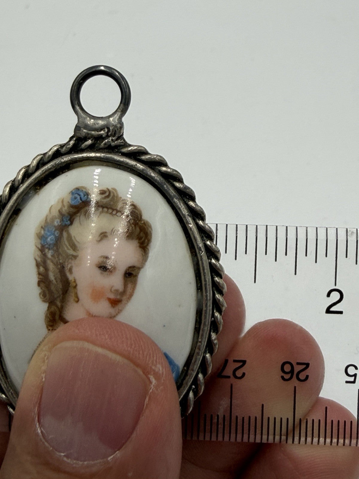 Limoges France Porcelain Portrait Oval Victorian Woman Pendant 2” Cameo
