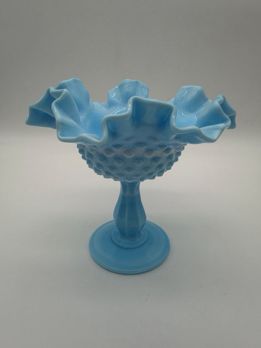 Fenton Blue White Slag Glass Hobnail Pedestal Compote Vtg Ruffled Edge 5.5”x6”