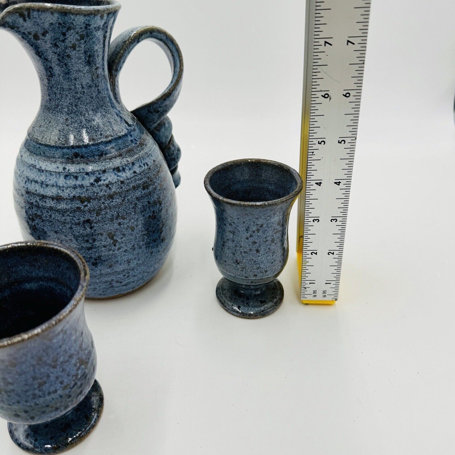 Ray Studio Decanter and Three Cups Signed Vintage Art Pottery Blue Stoneware