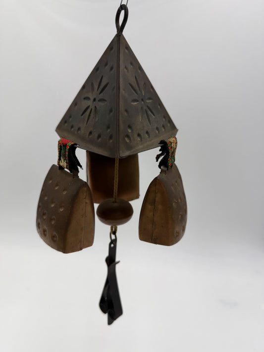 Vintage West Germany Hanging Cowbells Wind Chime 12” 3 Bells Rustic Copper