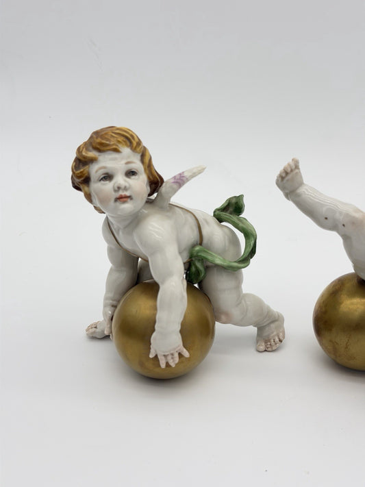 1940’s Algora Spain Porcelain Art Nouveau Playful Cherub Angels Figurines Gold