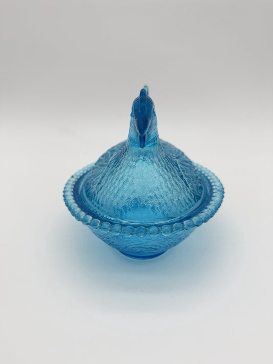 Indiana Art Glass Hen/chicken On Nest Rare Horizon Blue 5”x7” MCM USA