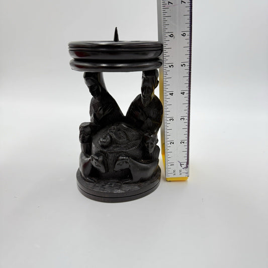 Vintage hand Carved Ebony Wood Nativity Candle Holder Solid Folk Art 6.5in