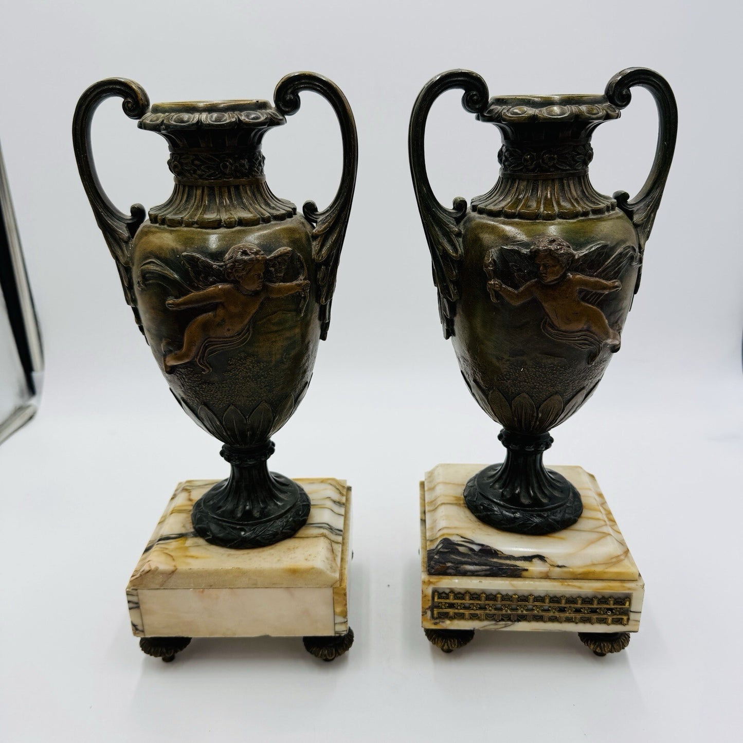 French metal vases rare 1800s Chateau ornate chimney cherubs marble base 13.5in