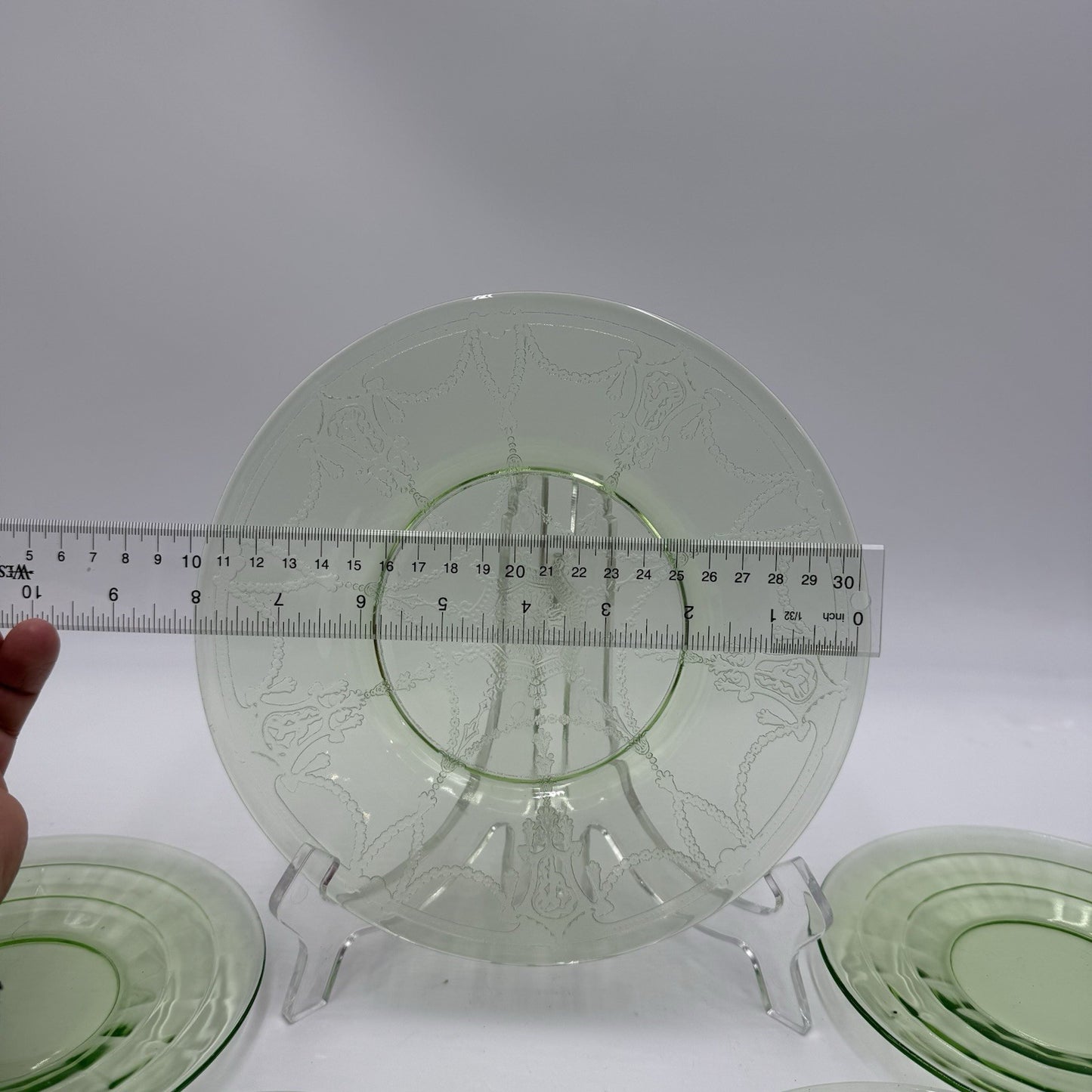 Hocking 1930’s Block Optic 6” Green Depression Glass Plates Dessert Uranium 5 PC