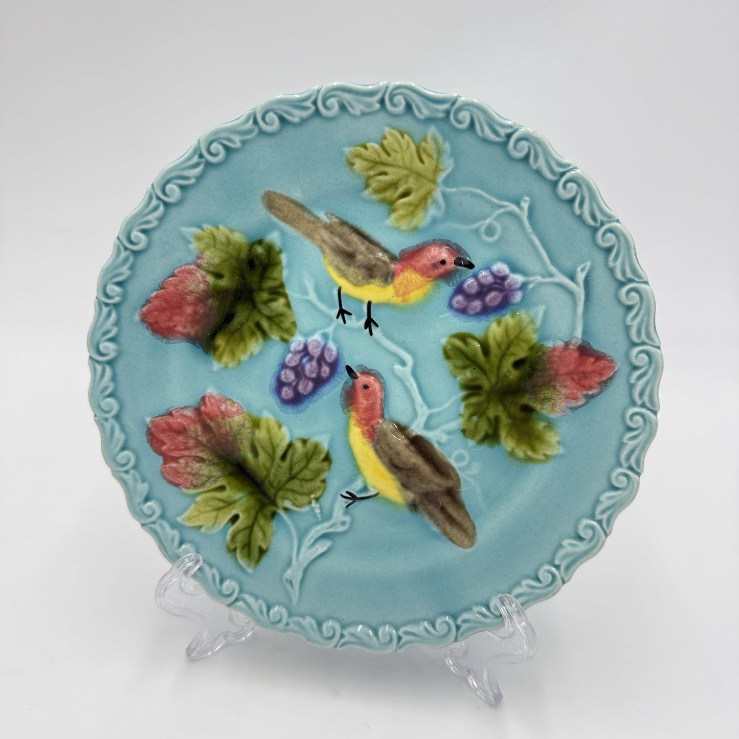 Antique 1920s Zell Germany Birds and Berries 6.5” Majolica, Turquoise Plate #230