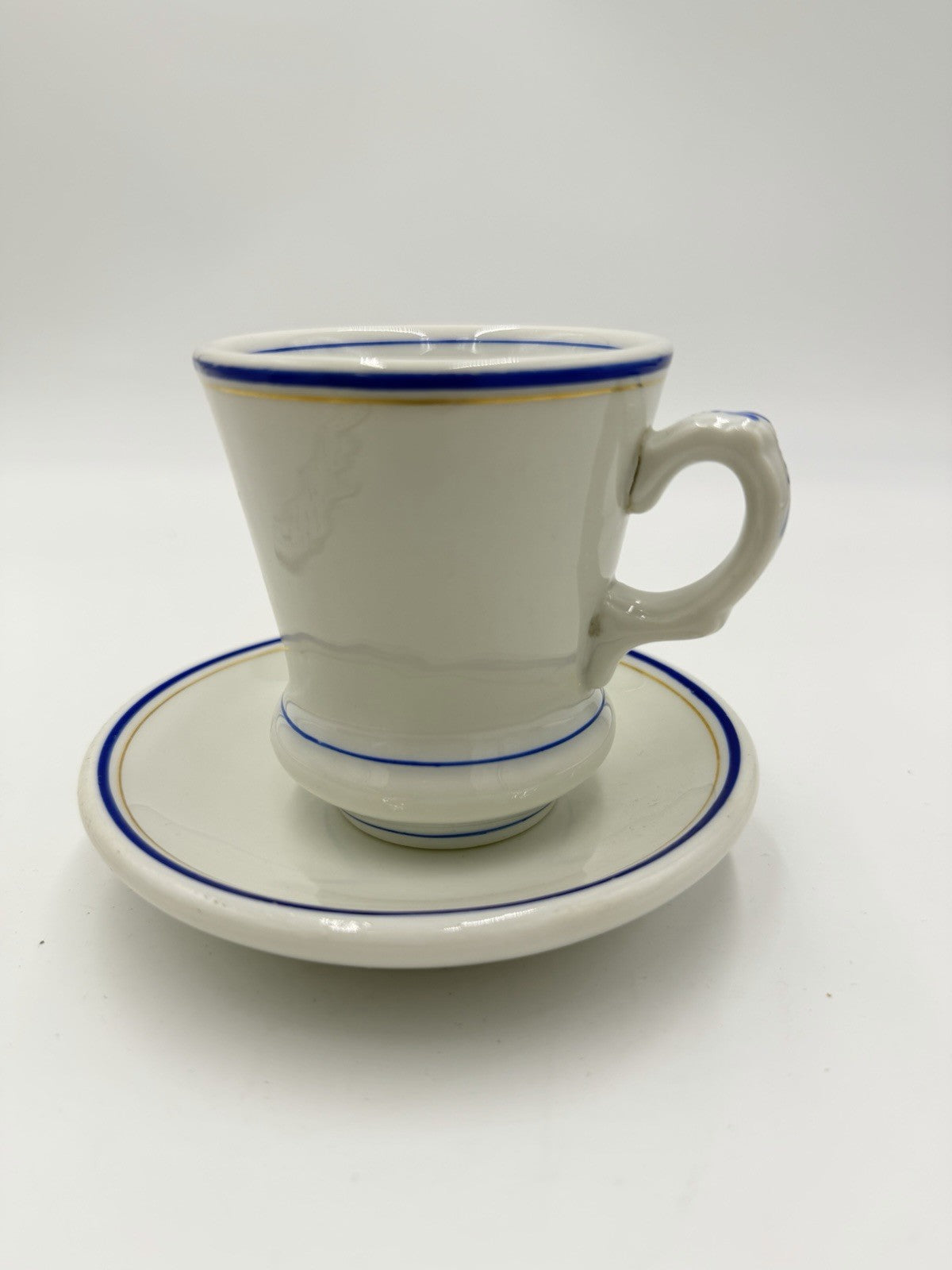 Antique French Brûlot coffee cup and saucer Porcelain White Blue Rim 1920's