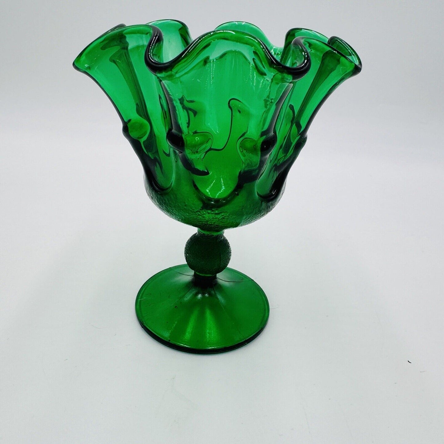 MCM Stelvia Emerald Green Art Glass Ruffled Compote Wayne Husted 6in