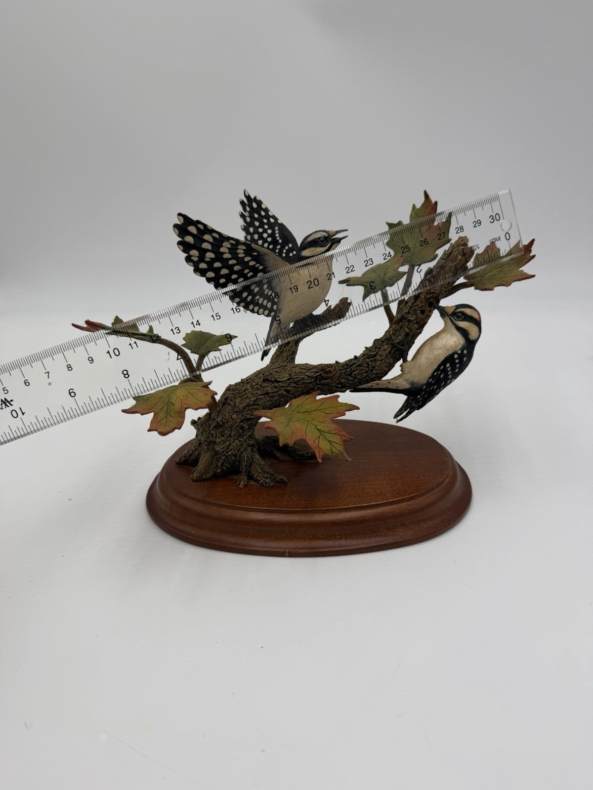 Danbury Mint Autumn Wonder Downy Woodpeckers Figurine Bob Guge Wood Base