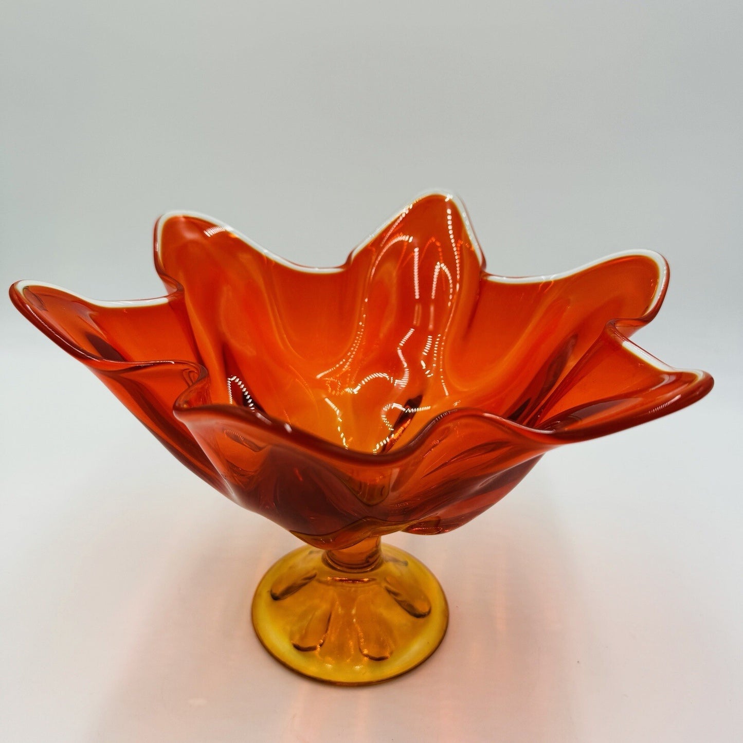 Viking Art Glass MCM Footed Amberina Orange Compote Epic 6 Petals Bowl 7.5”x 11"