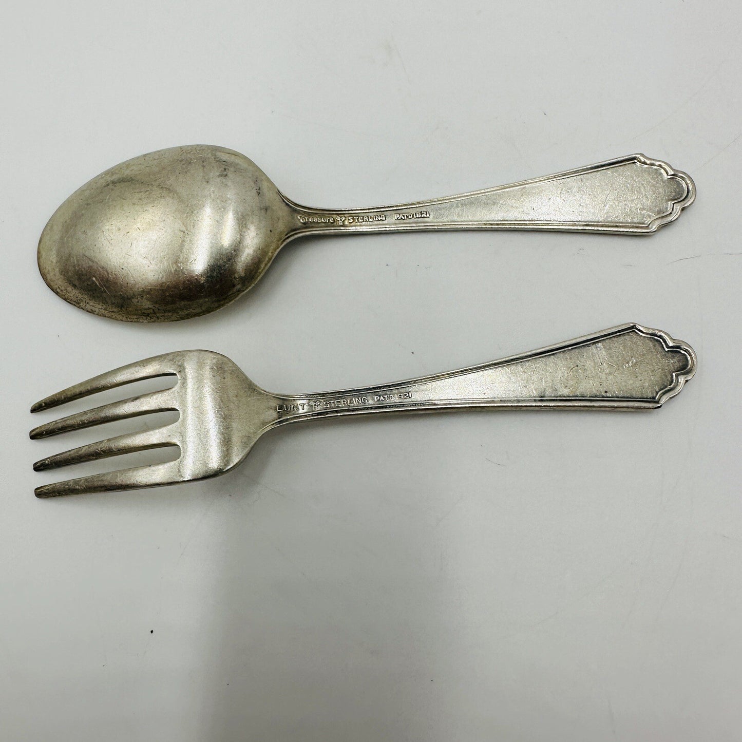PATD 1921 Lunt William & Mary Baby Fork & Spoon Set Treasures Sterling 4” 2 Pcs