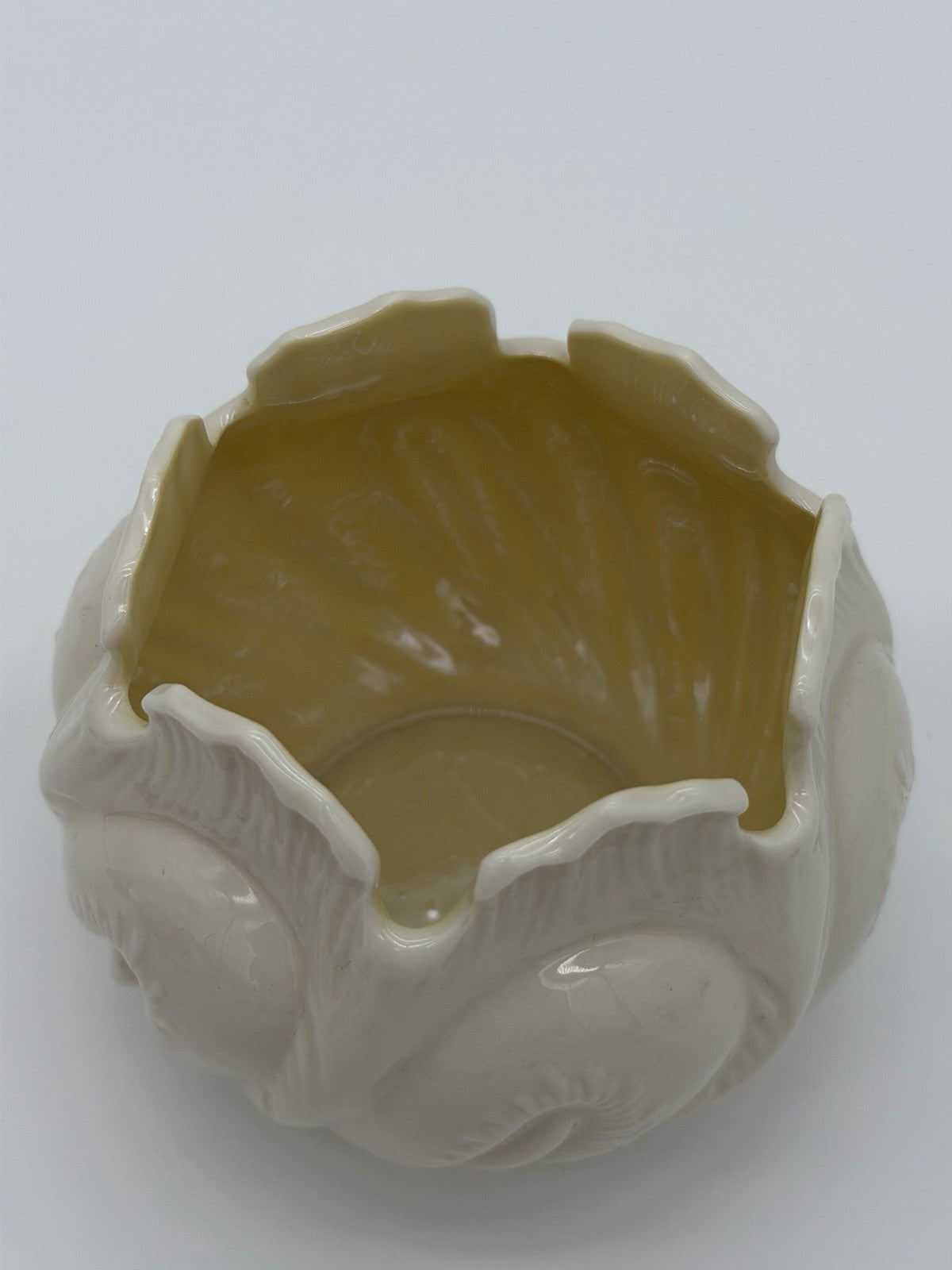 Belleek Ireland Porcelain Cabbage Leaf Planter Vase Yellow Luster 3 1/2” Vtg