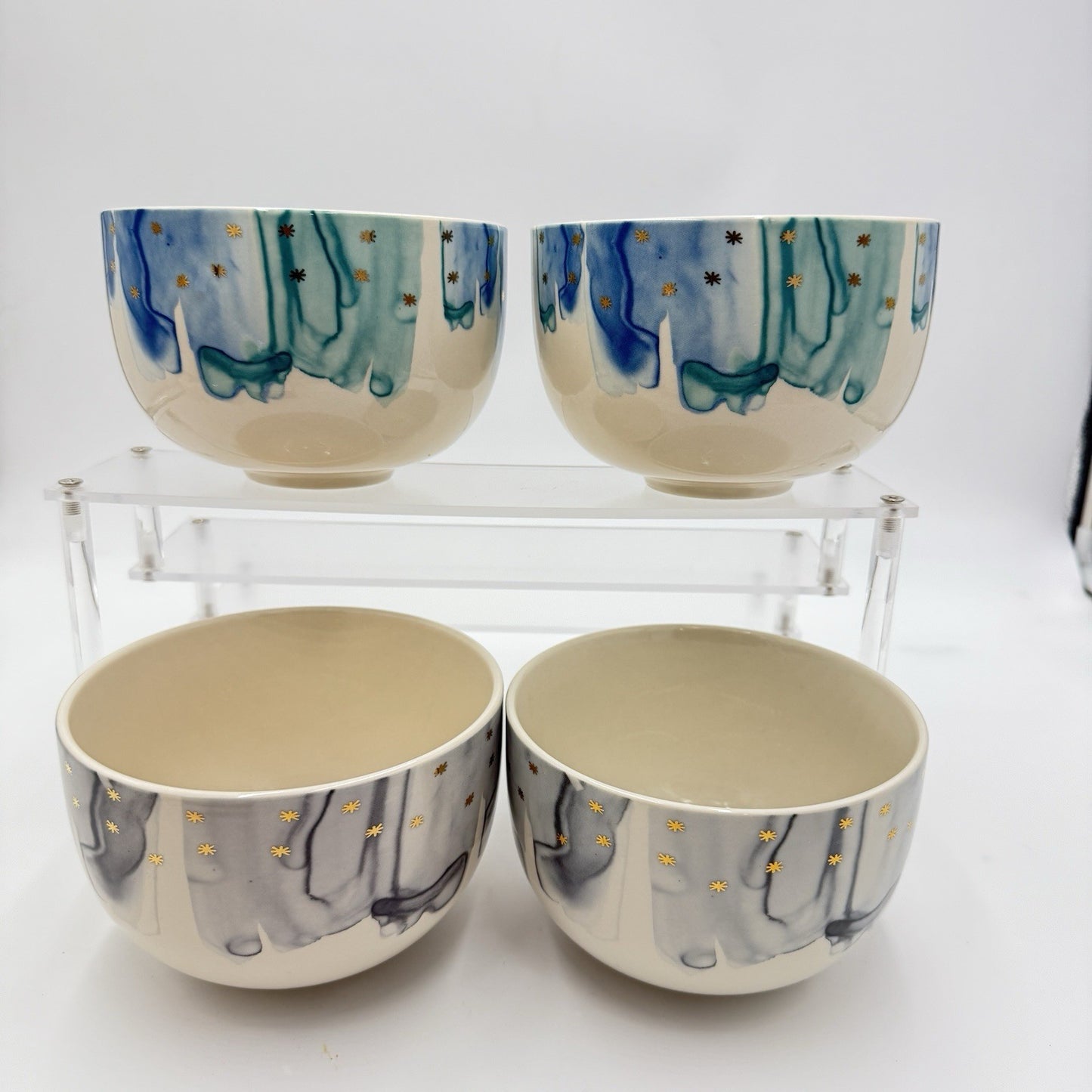 Anthropologie Night Sky Bowl Stoneware Blue Teal Drip Watercolor Gold Star Set 4