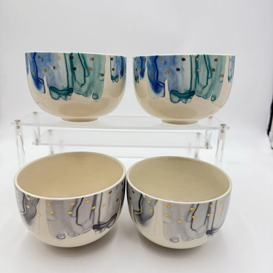 Anthropologie Night Sky Bowl Stoneware Blue Teal Drip Watercolor Gold Star Set 4