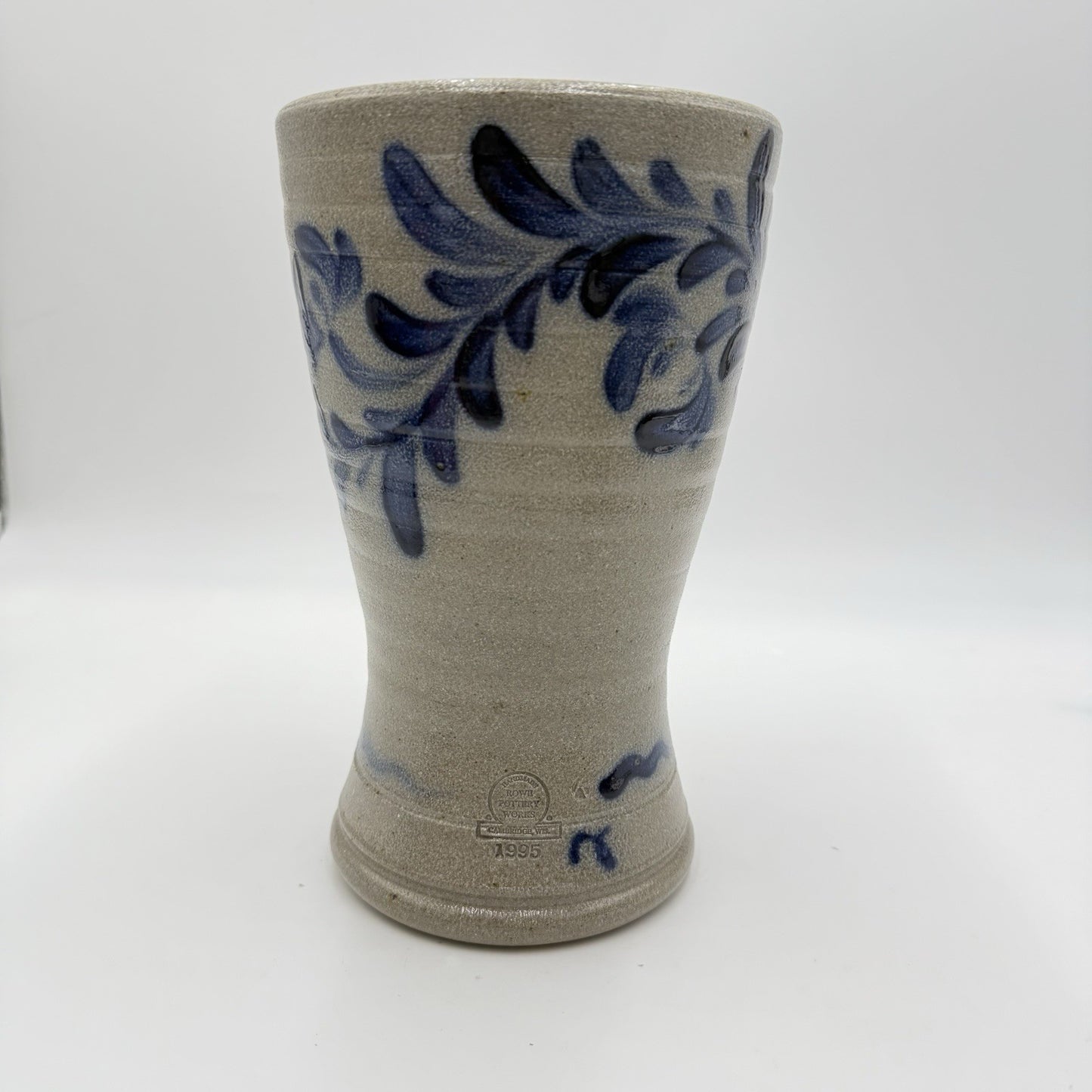 1995 Rowe Pottery Works Stoneware Blue Leaves Design Salt Glaze Flower Vase 9”