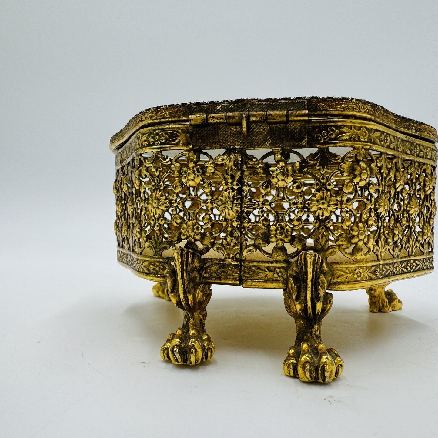 French Beveled Glass Gold Filigree Ormolu Jewelry Casket Box Claw Foot Vintage