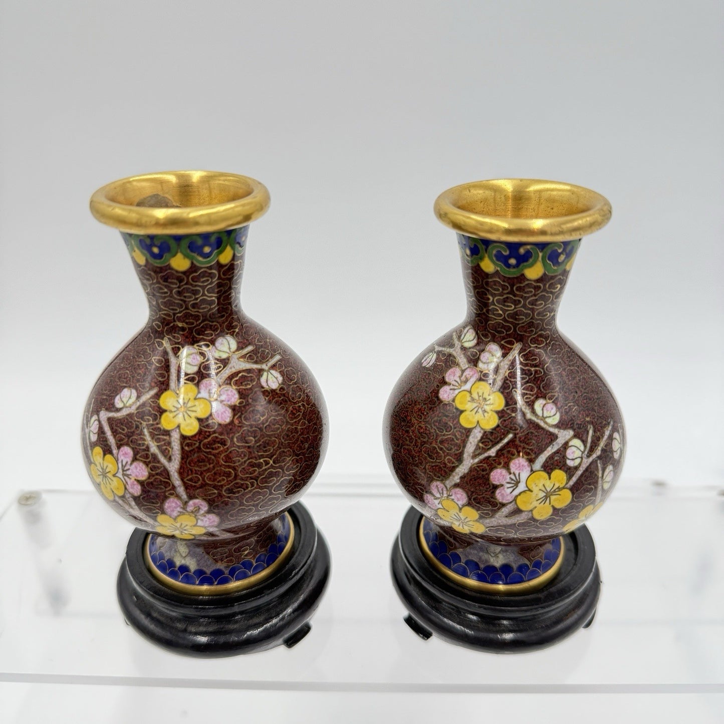 Vintage Cloisonne Enameled Cherry Blossom Brown Mini Vases Brass Chinese 4” Pair