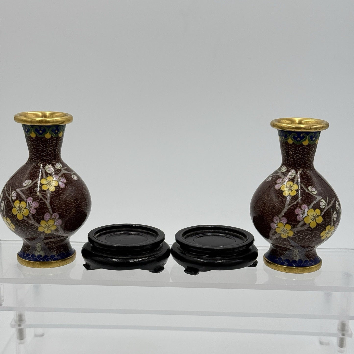 Vintage Cloisonne Enameled Cherry Blossom Brown Mini Vases Brass Chinese 4” Pair