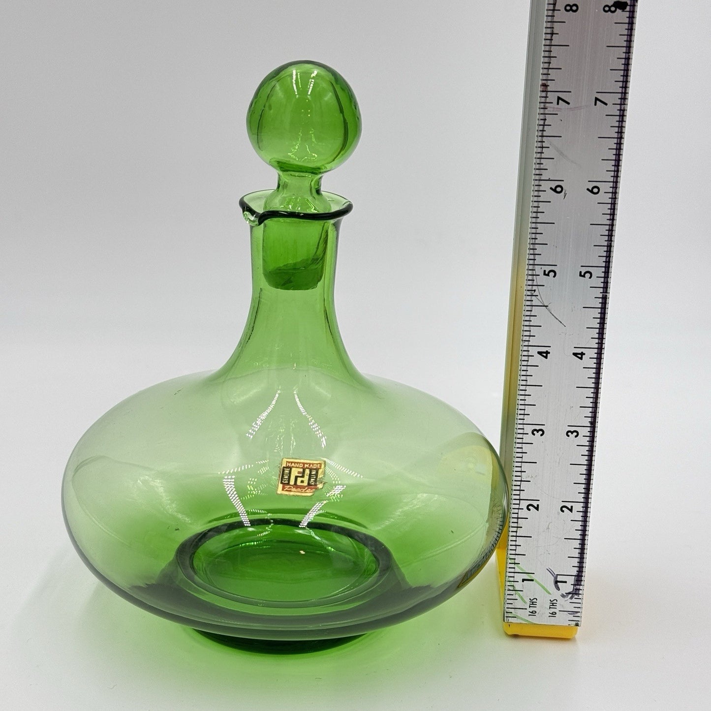 MCM Peedee Art Glass Green Decanter Italy 7” W/stopper Wayne Husted of Blenko