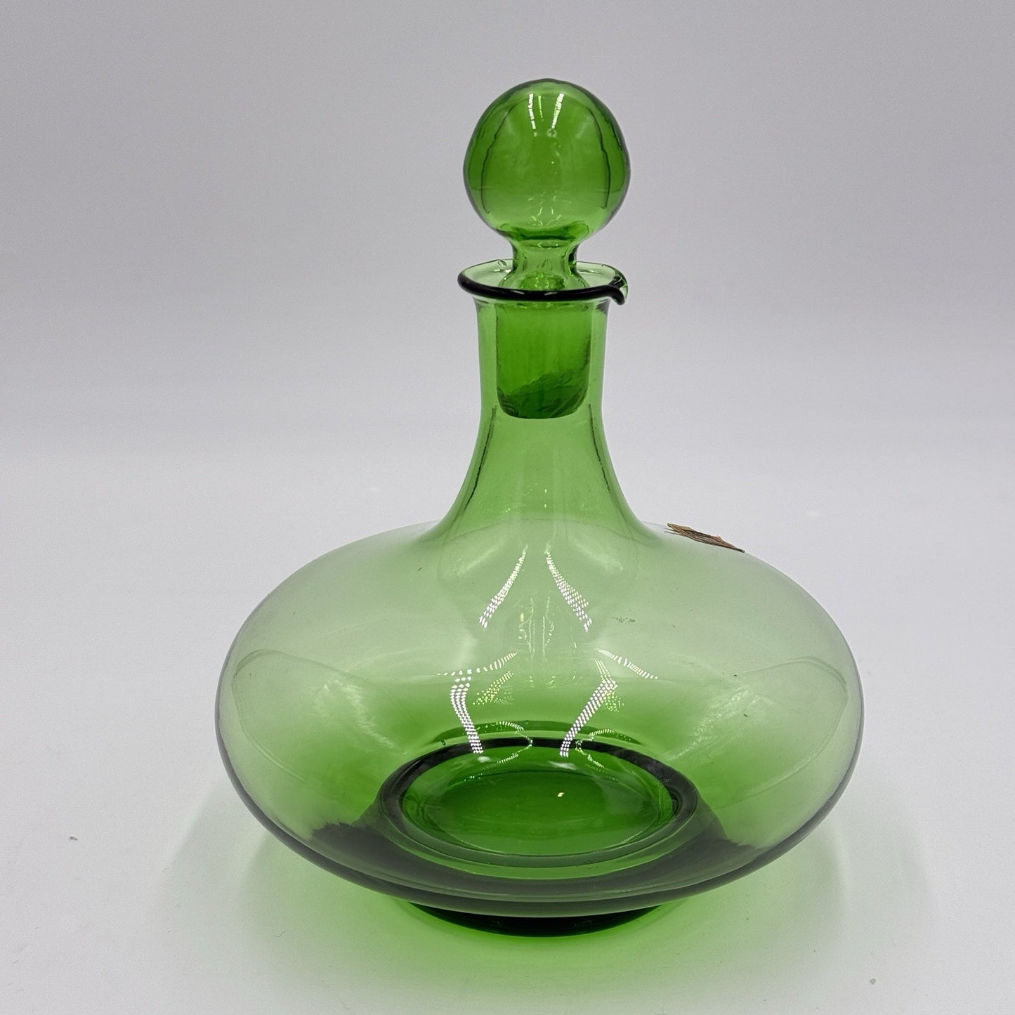 MCM Peedee Art Glass Green Decanter Italy 7” W/stopper Wayne Husted of Blenko