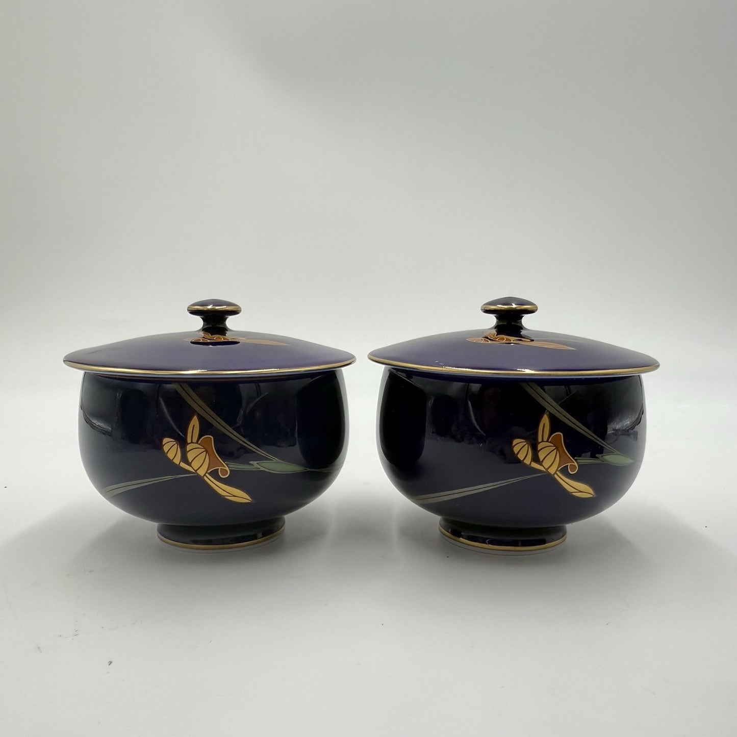 Arita Ware Retro Koransha Lapis Gold Tea Cups With Lid Blue Cobalt Porcelain