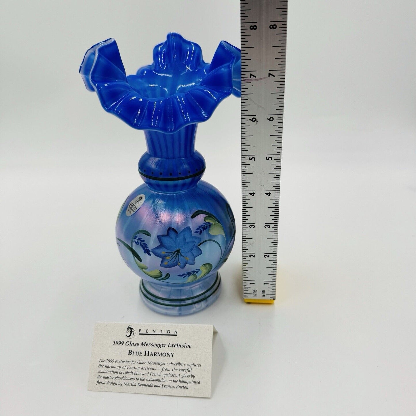 Fenton Art Glass 1999 Messenger Exclusive Blue Harmony Vase Signed Dan Fenton