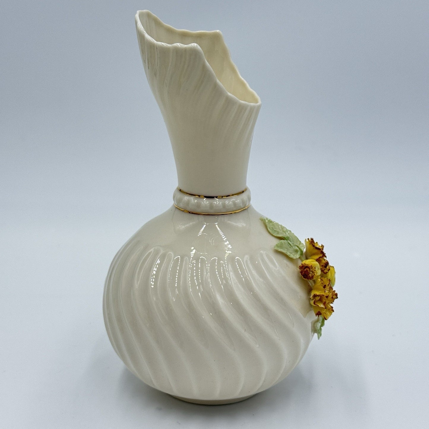Belleek Ireland Vase Off White Applied Yellow Floral Vintage 7in Tall Porcelain