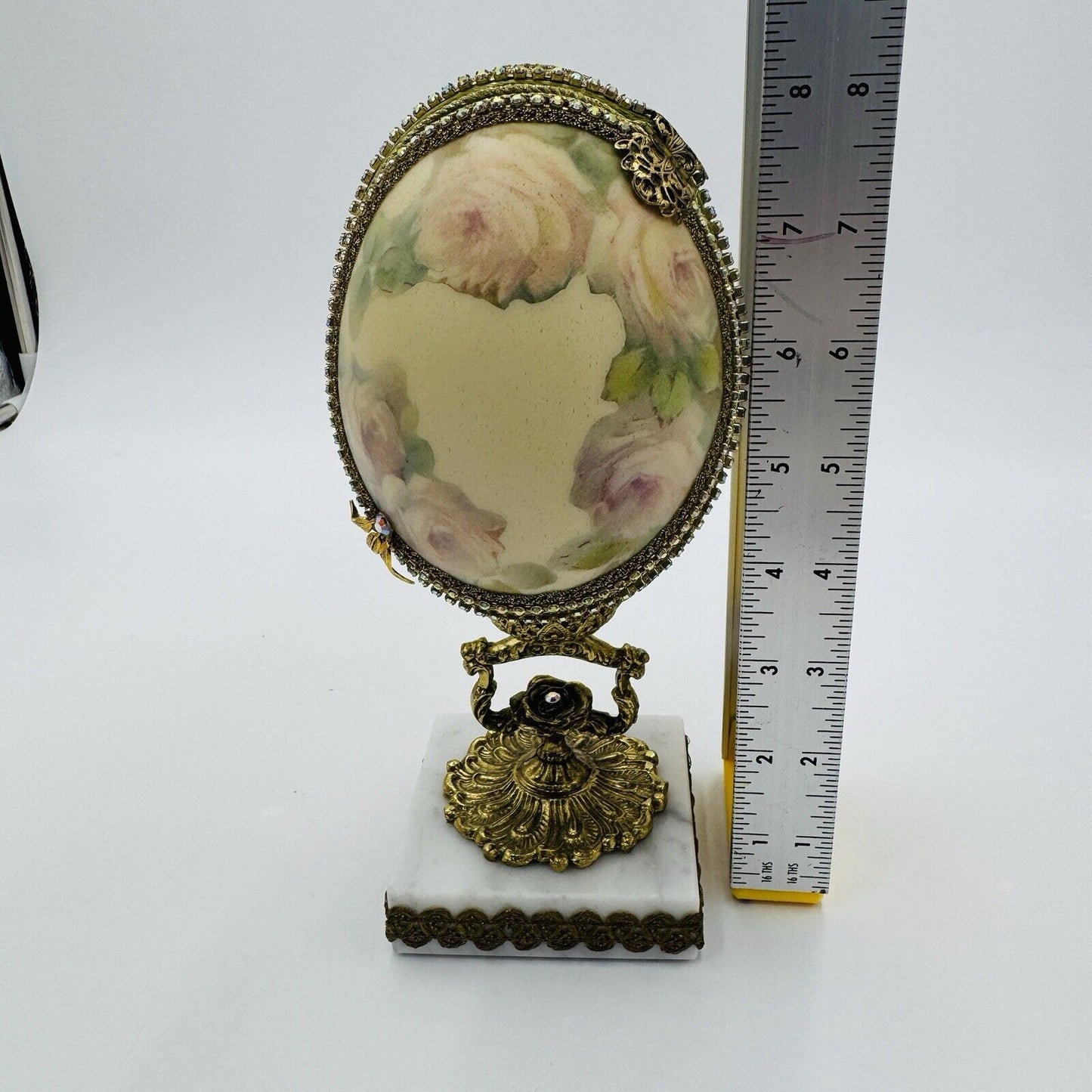 Vintage Ostrich Egg Ornate Hand Decorated Brass & Marble Base Green Velvet Lined