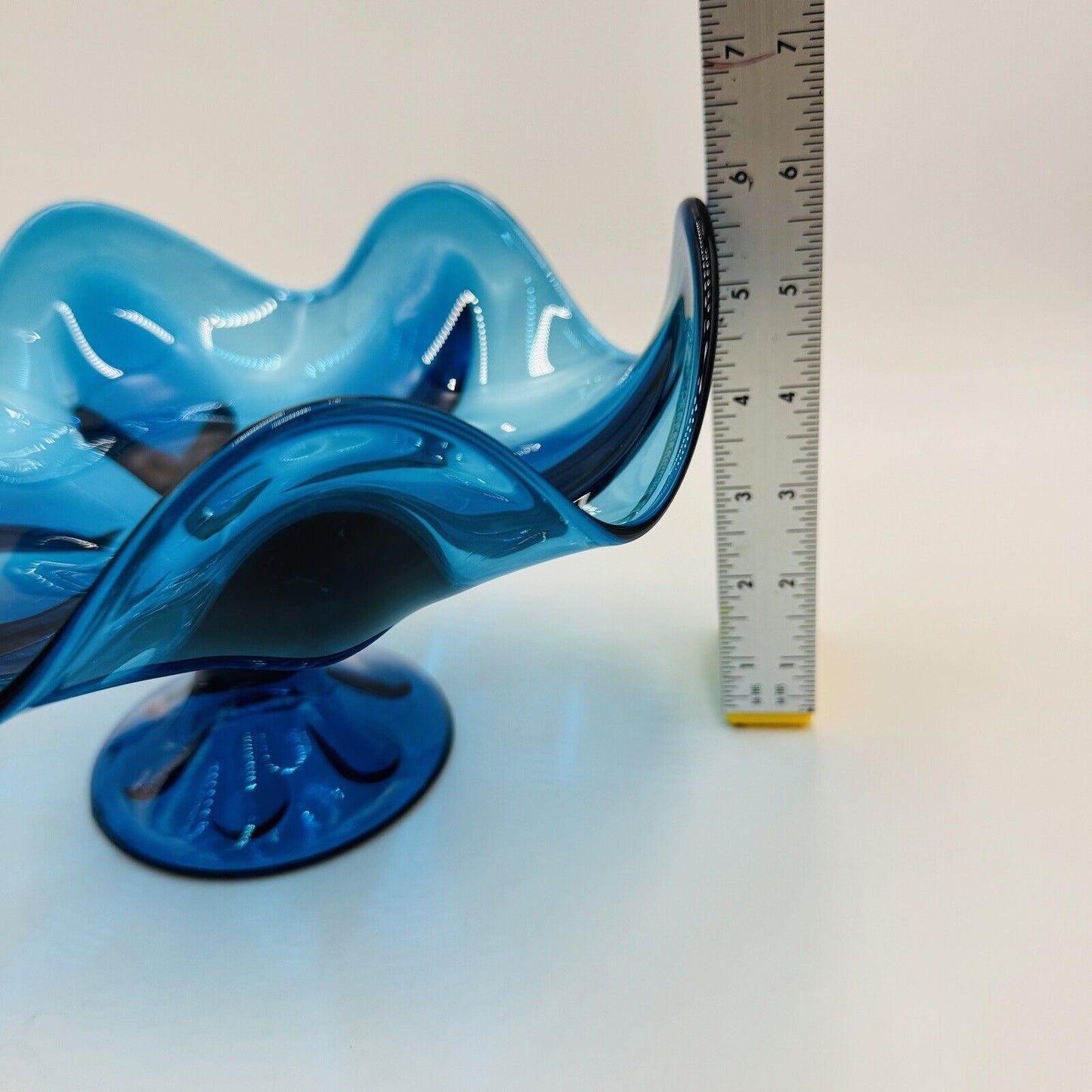 Viking Art Glass Teal Aqua Blue Pedestal Dish Compote Bowl Vintage Mid Century