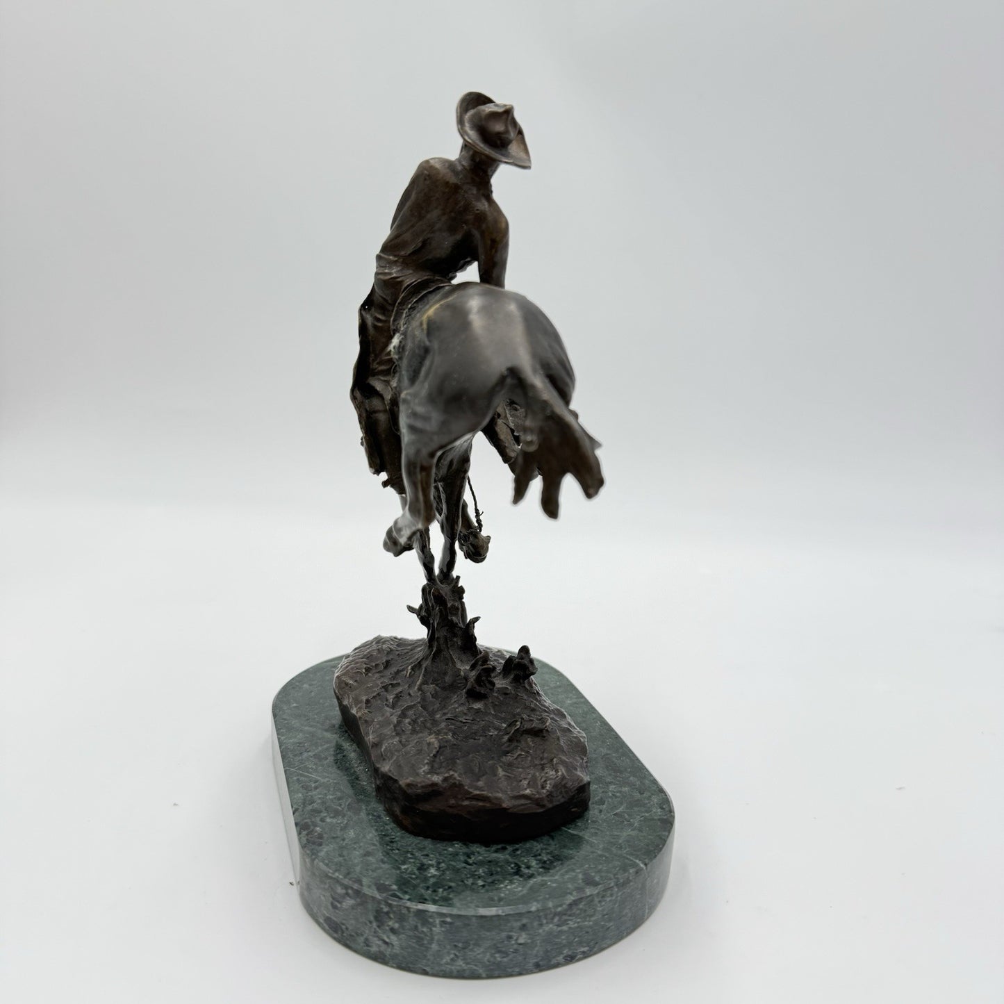 After Frederic Remington patinated bronze sculpture Outlaw Marble Base 8”
