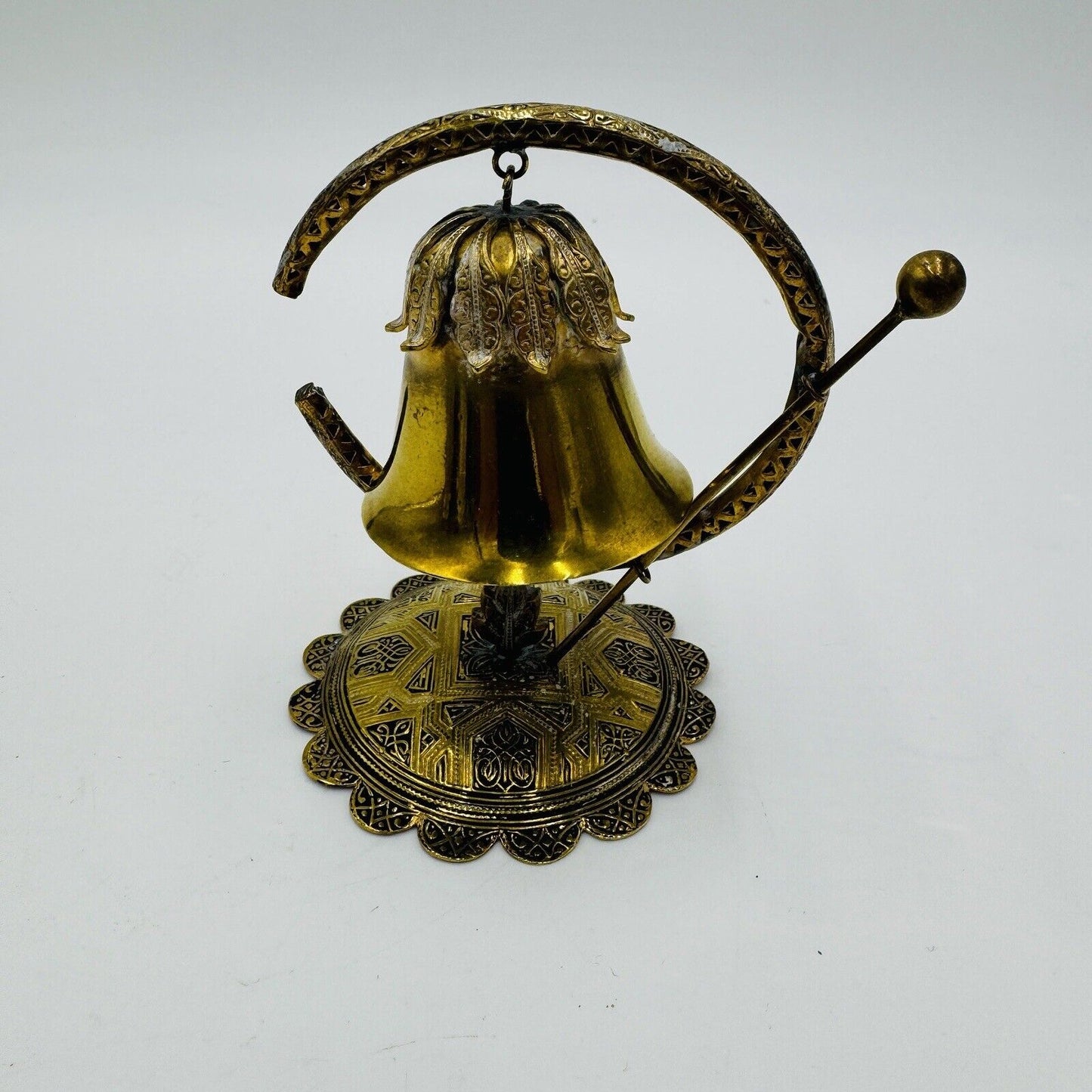 Brass Miniature Gong Ornate Bell Embossed 4in H Vintage Home Decor