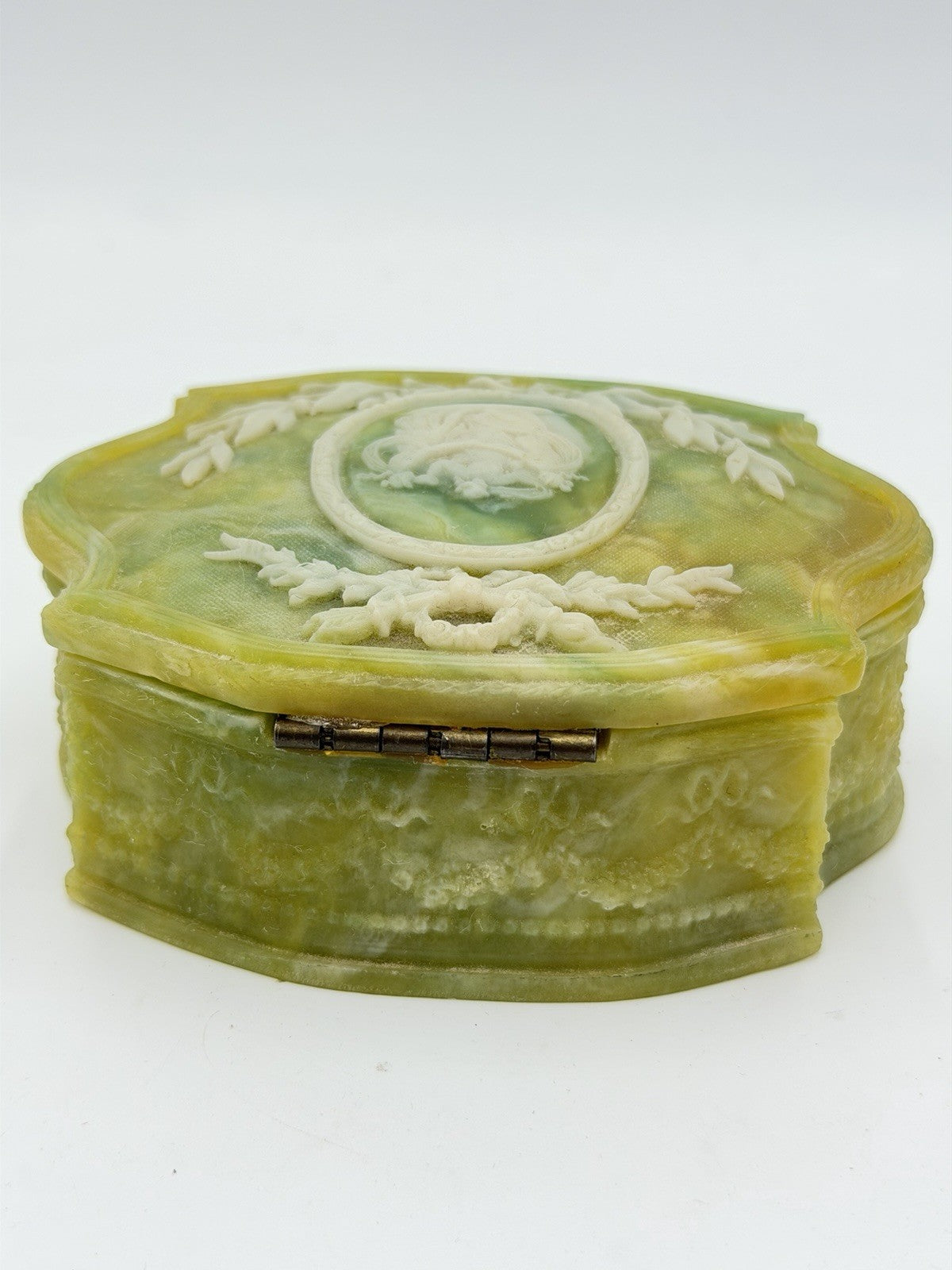 Vintage Incolay Stone Green Victorian Dancers Jewelry Trinket Box 5 x 4 x 2" USA