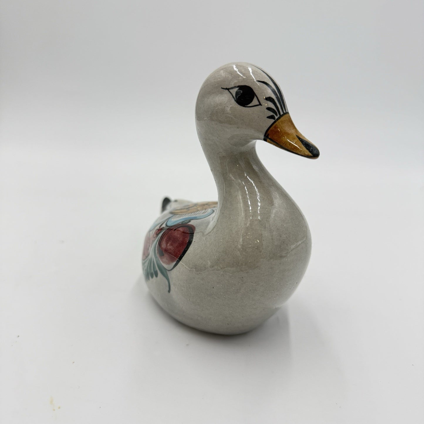Noe Suro Mexican Folk Art Pottery Clay Floral Painted Duck Vintage Figurine