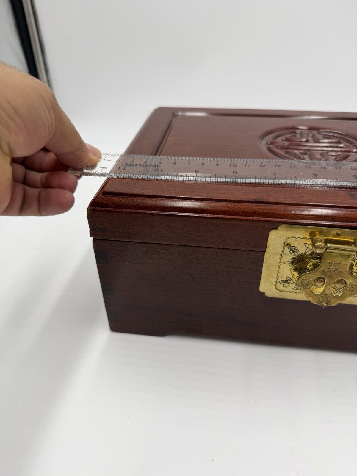 Vintage Chinese Jewelry Carved Rosewood Brass Accents Red Lining Jewelry Box