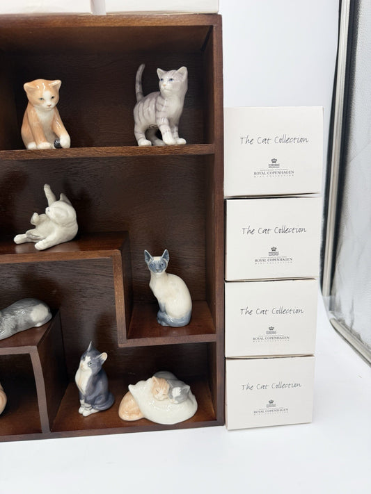 Royal Copenhagen Denmark Porcelain Cat Collection Mini Figurines Wood Shelf