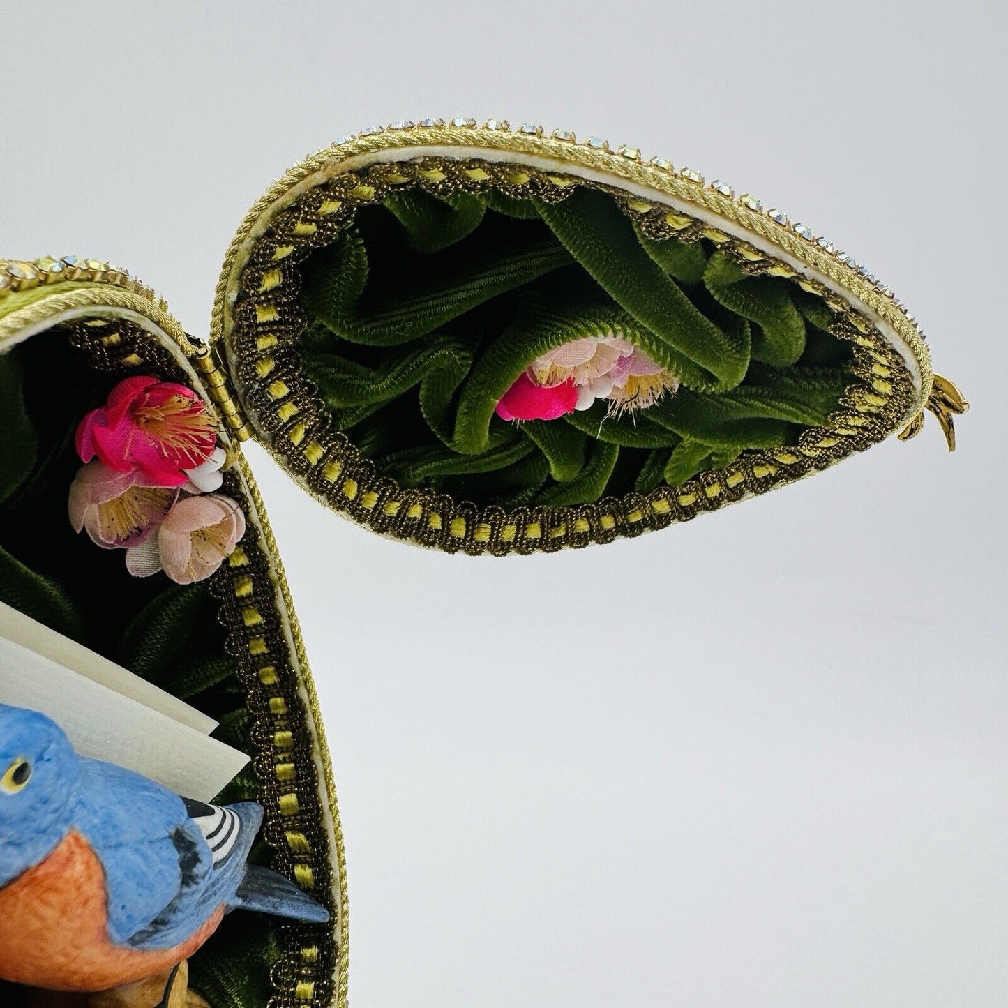 Vintage Ostrich Egg Ornate Hand Decorated Brass & Marble Base Green Velvet Lined