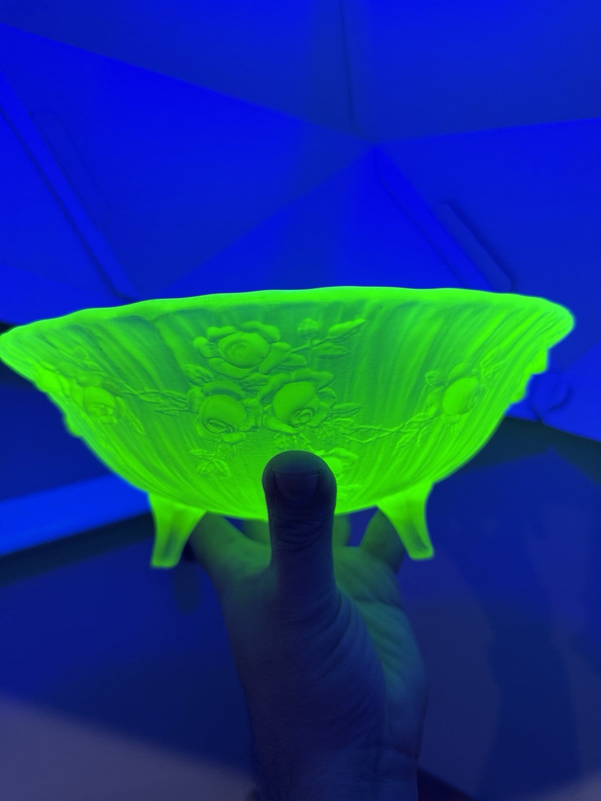 Tiffin Art Glass Vaseline Uranium Satin Roses Bowl 1920 MCM Round Green See Pics