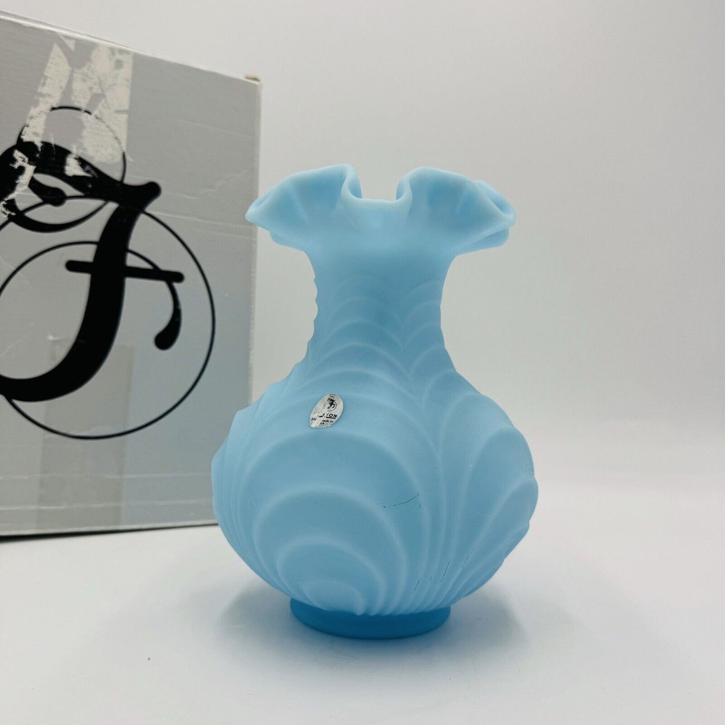 Fenton Draped Blue Satin Glass Vase Vintage Art Glass Ruffled Edge Drapery 8in