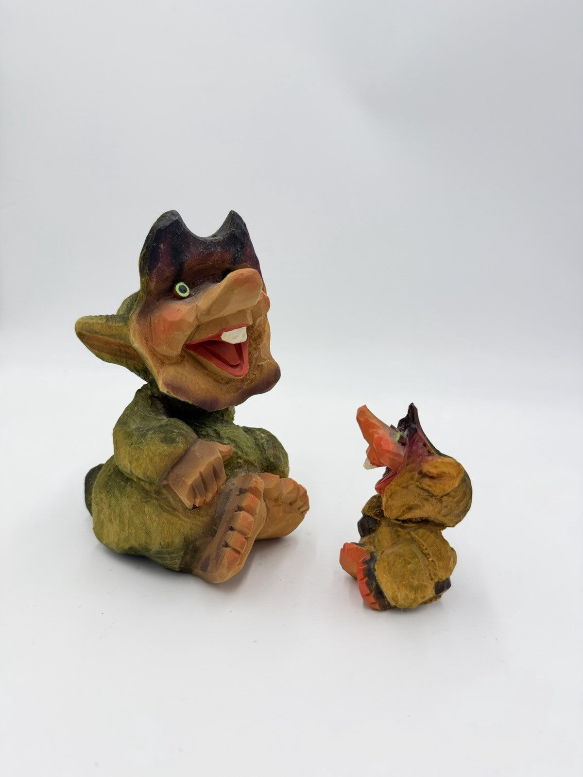 Henning Hand Carved Norwegian Troll Authentic Wooden Folk Art Figurine 6.5” Set