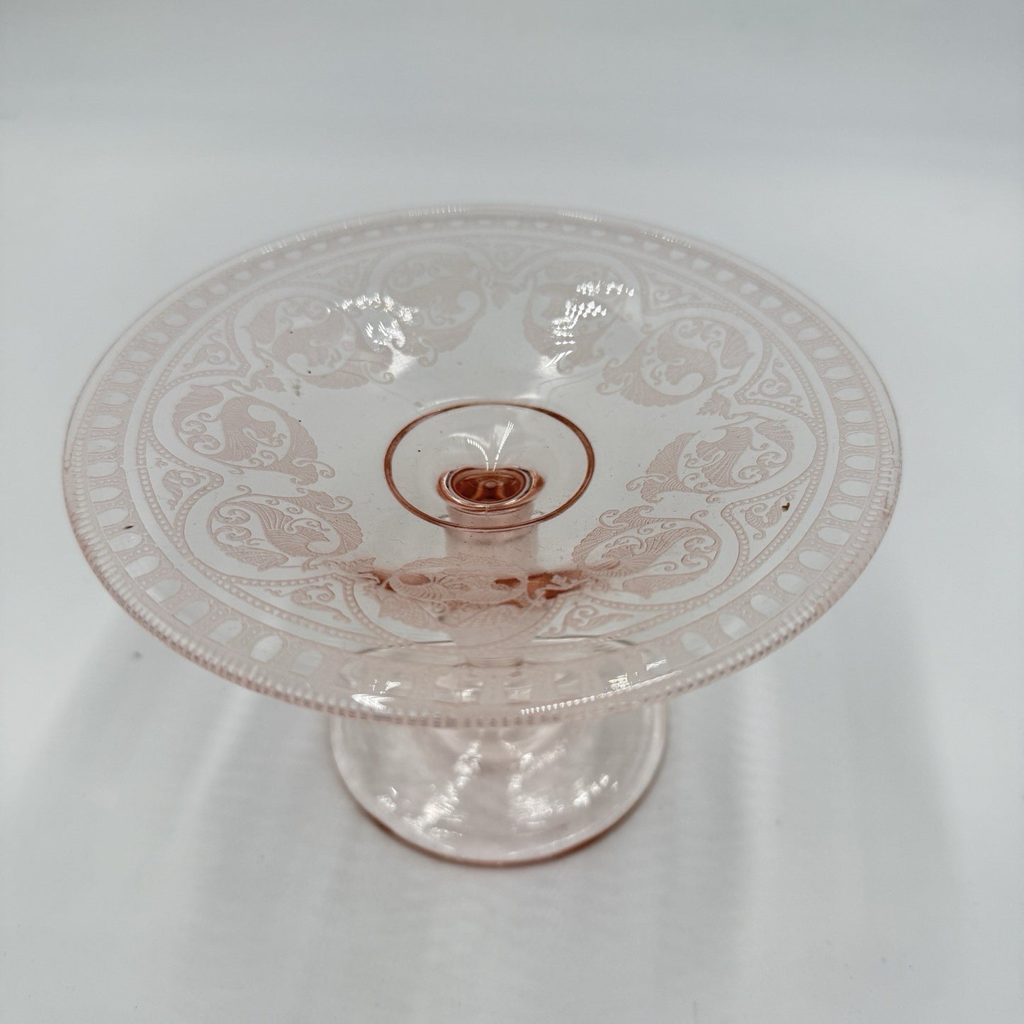 Vintage Fostoria Versailles Art Glass Pink Elegant Glass Compote 4”Hx 6” Etched