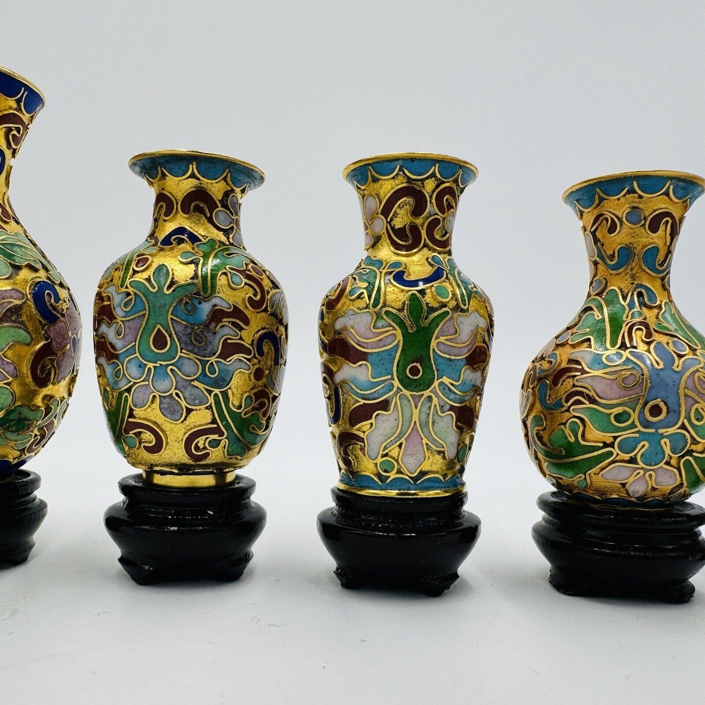 Vintage Cloisonné Enamel Mini Vases Set 6 Pieces Floral