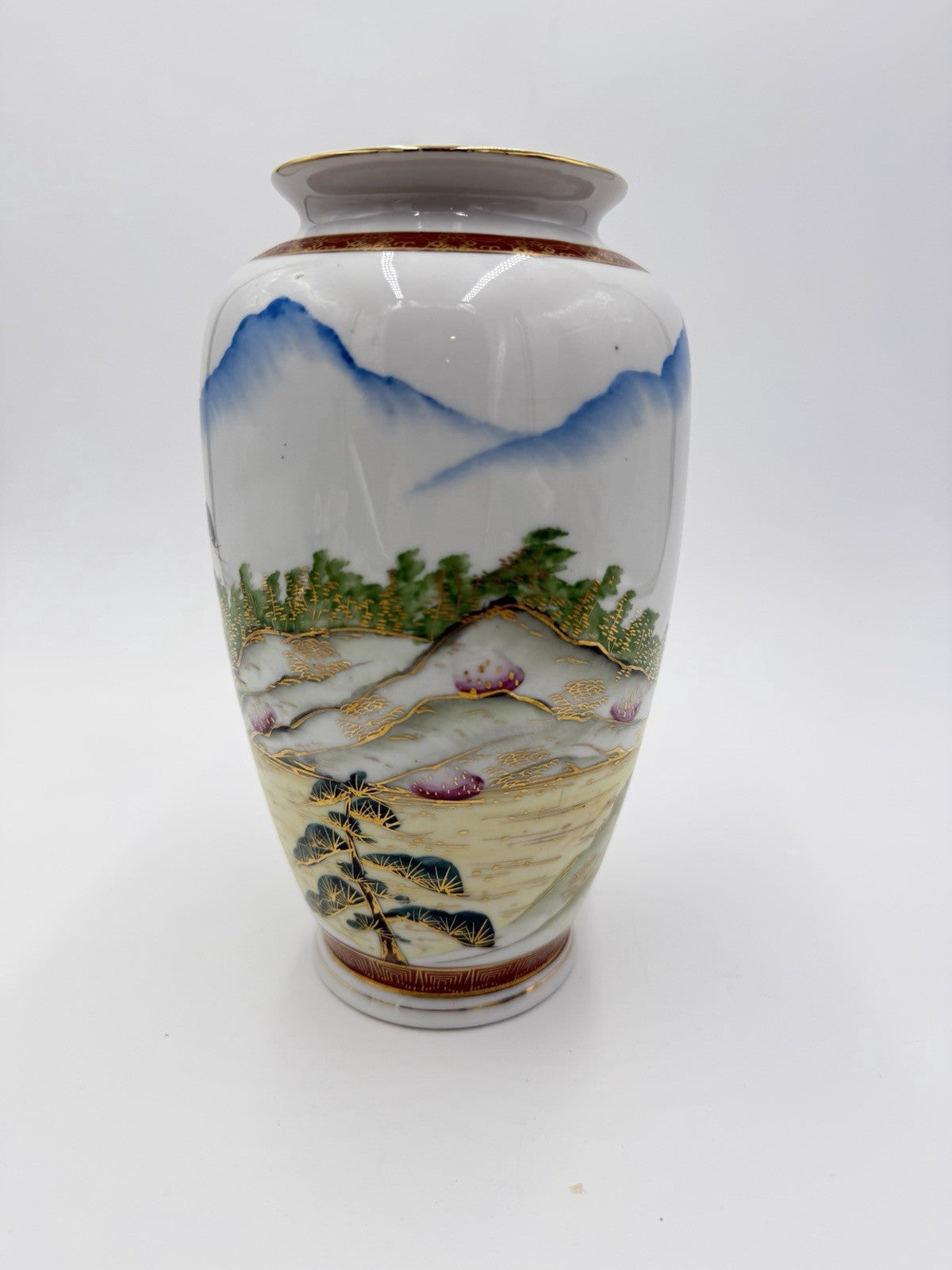 Antique Japanese Porcelain Satsuma vase Meiji period pagoda mountain 8.5”H